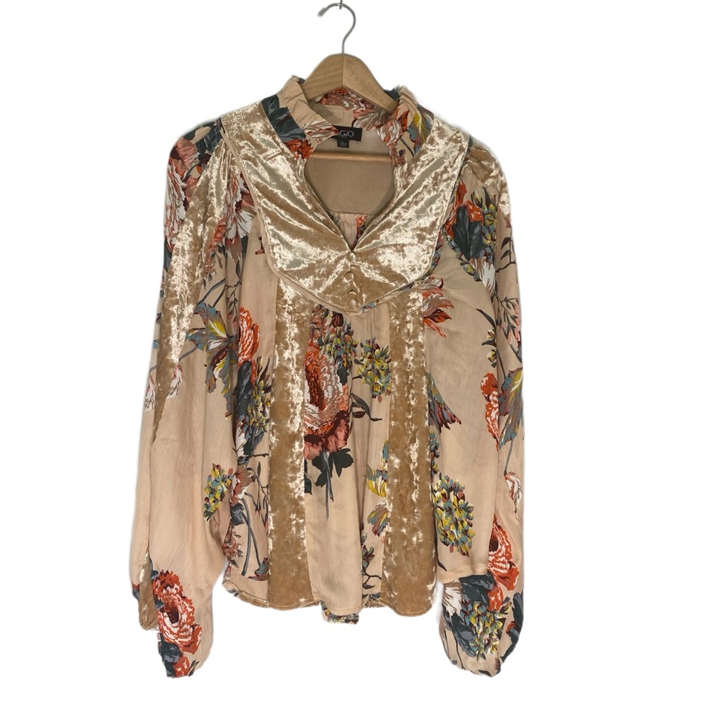 Women’s Gigio Floral Blouse with Velvet Accents- Sz L Boho Feminine‎ Flowy